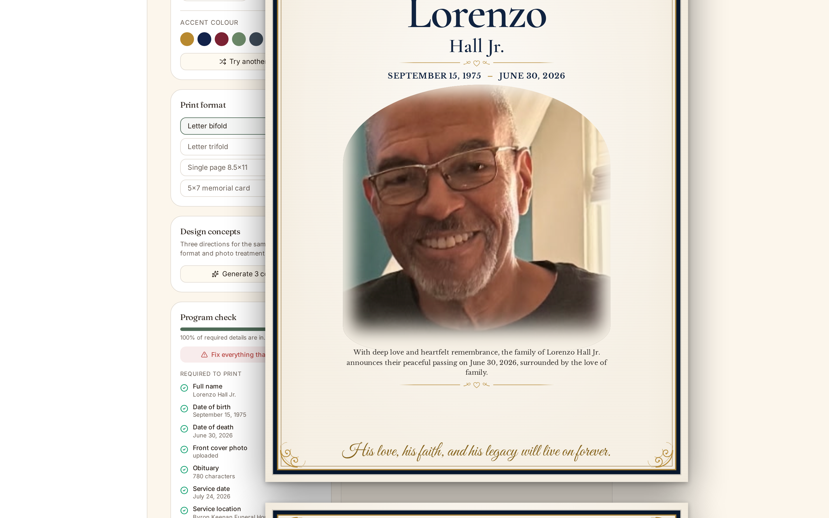 Program design studio with theme selection and a navy and gold program cover